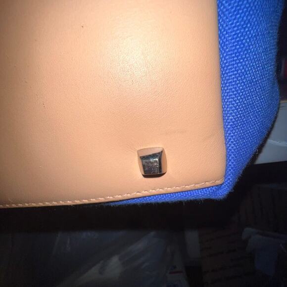 Talbots medium blue canvas contrast tan handle snap closure Y2K satchel handbag - Picture 7 of 10